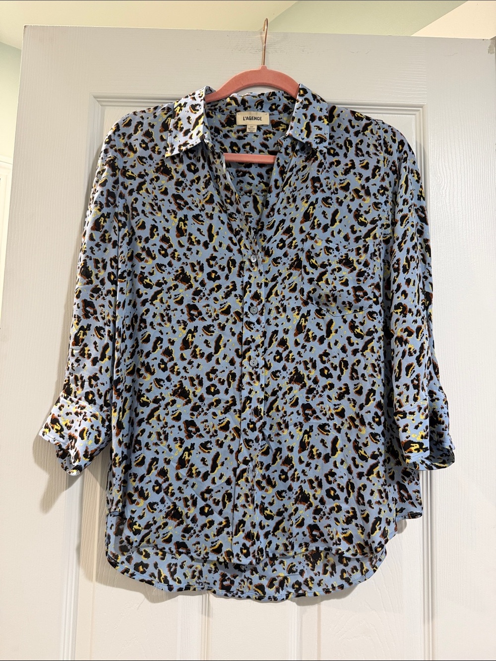 L'AGENCE Pale Blue Leopard-Print Button-Down Shirt